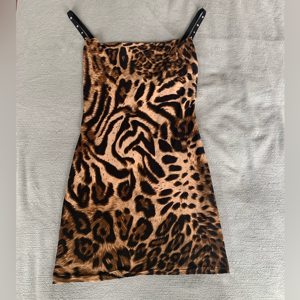 Leopard Print Stripper Mini Dress Rhinestone Straps Exotic Dancer Club Outfit